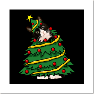 Tuxedo Cat Christmas Tree Funny Xmas Cat Lover Posters and Art